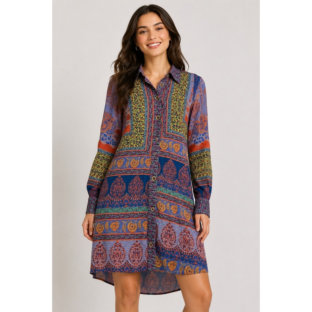 Maeve Anthropologie Paisley Floral Patchwork Button Down Shirt Dress Blue Size 0
